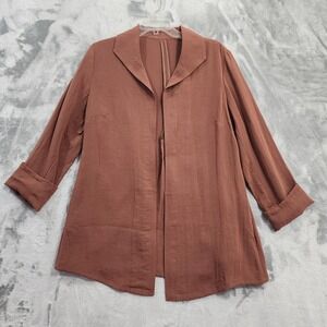 Fridaze Jacket Womens M Brown Linen Open Front Collared Lightweight Pockets